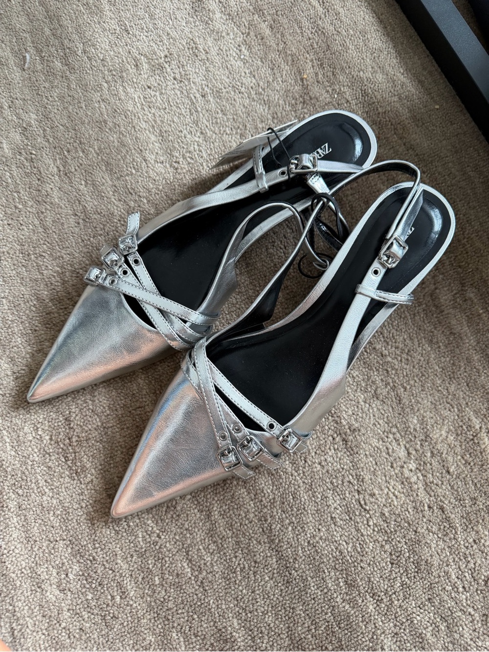 Zara Metallic Silver Pointed Slingback Flats with Buckle Straps